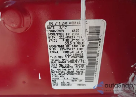 2017 Nissan Rogue S z USA, uszkodzony, nr VIN JN8AT2MV7HW266691